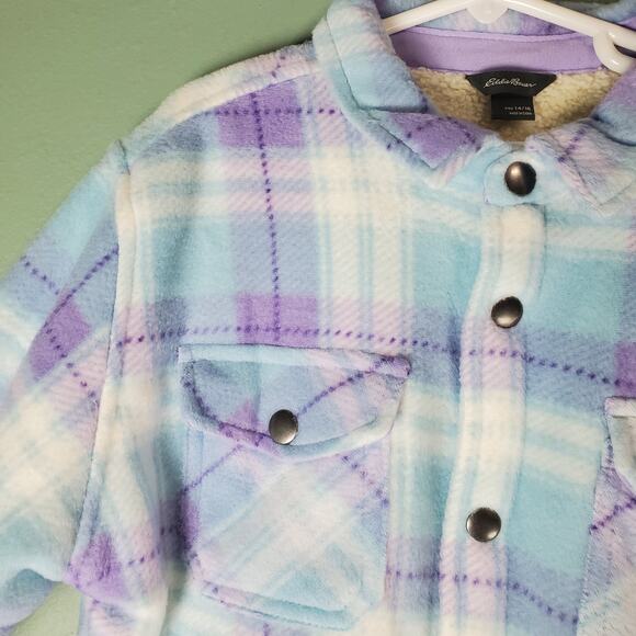Eddie Bauer Girls Lavender Plaid Fleece Shirt Jacket Shacket Size 14/16 - Picture 4 of 6